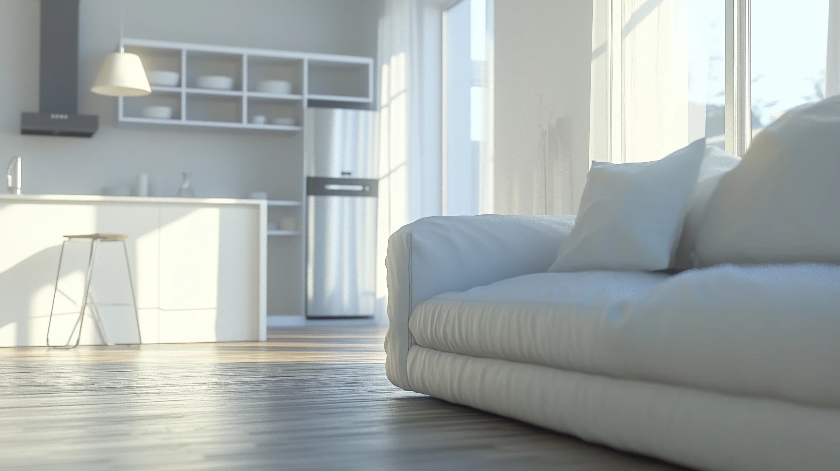 Modern living room with a cozy white sofa.
